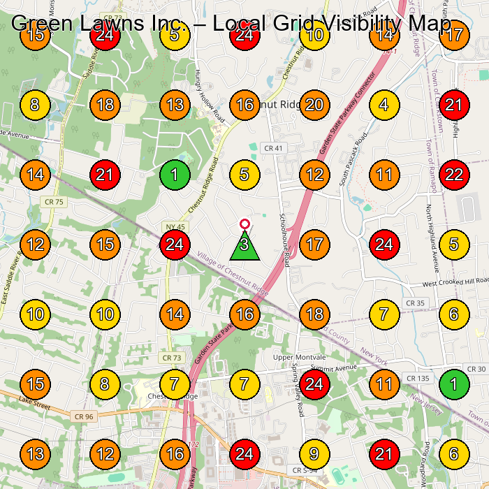Green Lawns Inc. Lawn Care Service GeoGrid ranking map for Chestnut Ridge NY